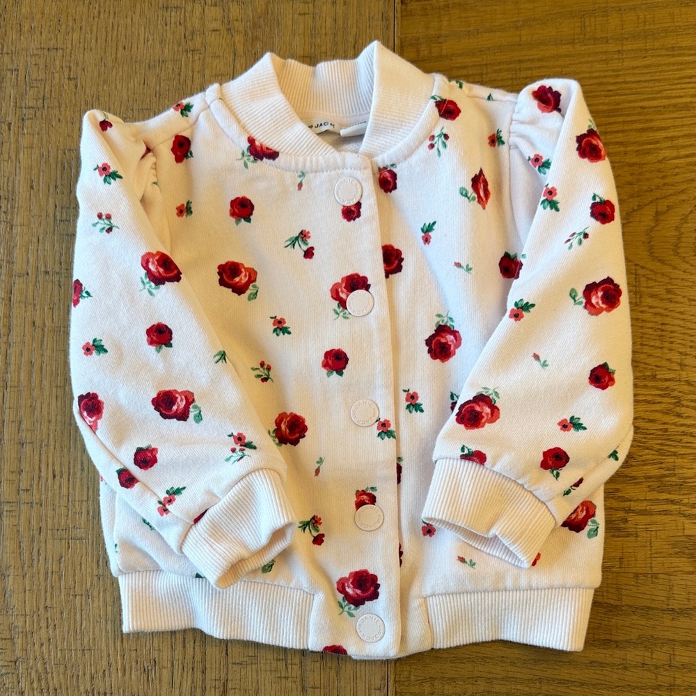 12M Janie and Jack Pink Button Front Jacket with Red Roses EUC